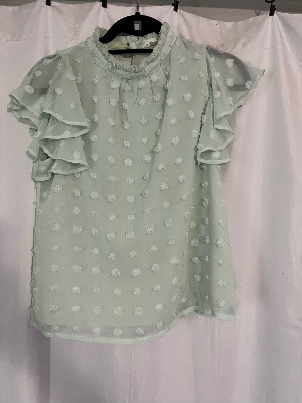 THML Mint Swiss Dot Ruffle Sleeve Blouse